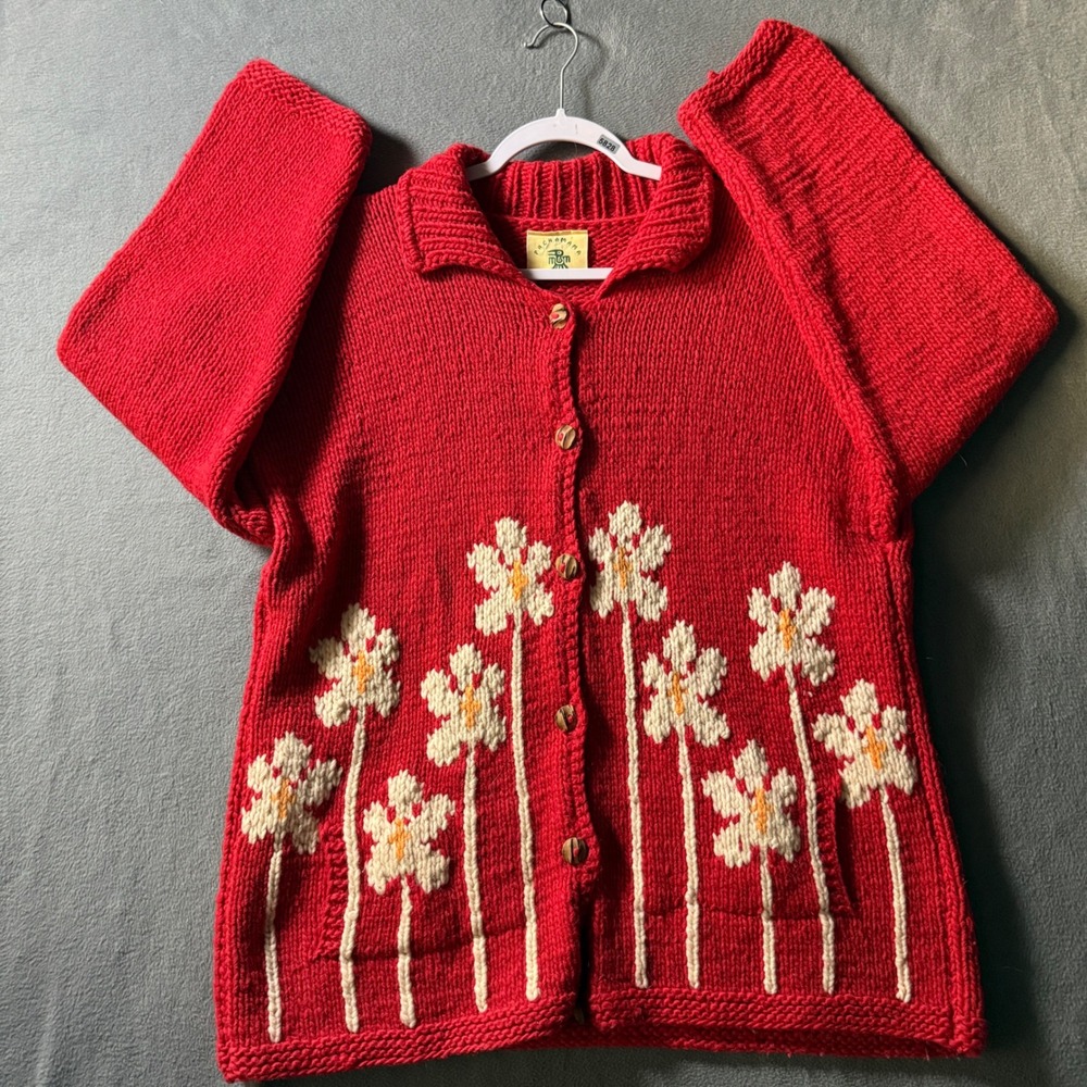 Pachamama Wool Cardigan Sweater Womens 1X Red Daisy Floral Hand Knit Nepal